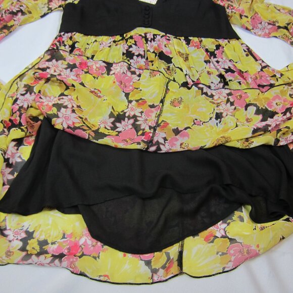 Free People Small Mini Dress Yellow Pink Floral Retro Black Vest Long Sleeve NEW - Picture 8 of 12